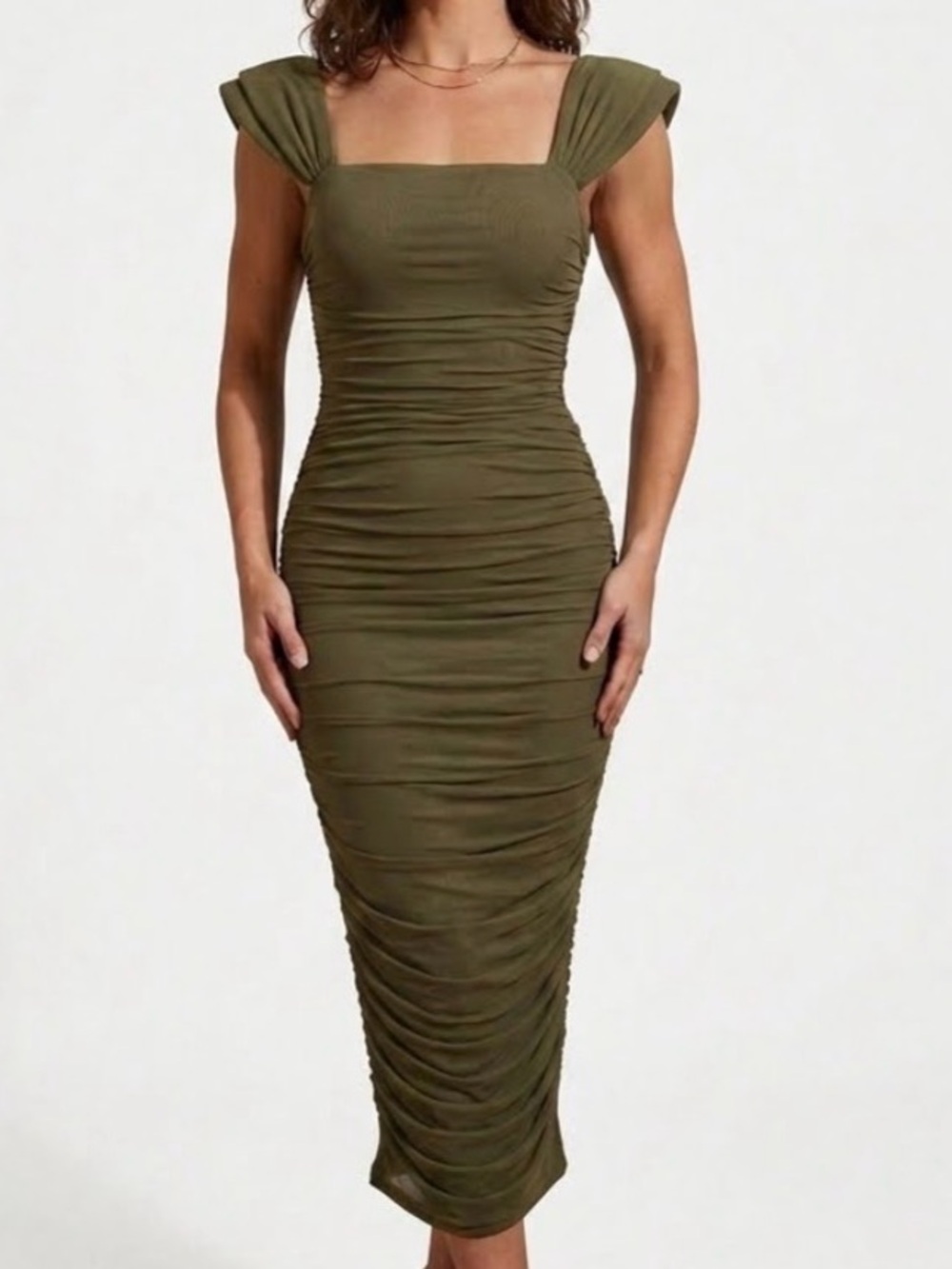 Olive Green Ruched Bodycon Dress ladies size M prom wedding party, comfy 1118